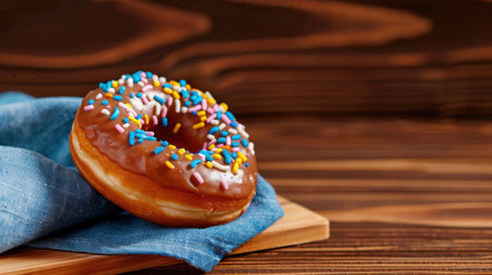 A delightful chocolate frosted donut topped with colorful sprinkles sits on a blue napkin atop a wooden table, perfect for any sweet tooth craving.の素材