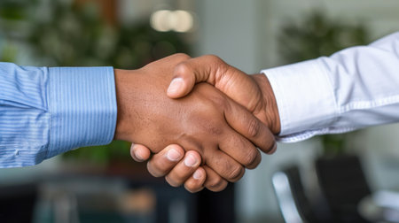 This image captures a close-up of two hands engaged in a handshake, symbolizing agreement and collaboration in a modern office space. Perfect for themes of business, partnership, and professional relationships.の素材