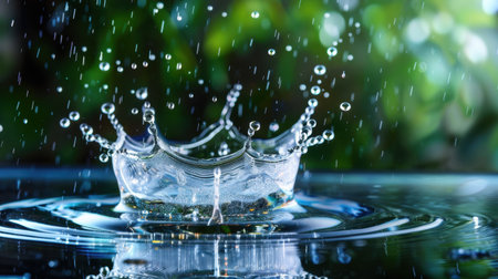This close-up image showcases the beautiful moment of a water droplet splashing onto a calm surface, creating mesmerizing ripples and reflecting light.の素材