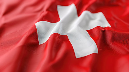 A stunning close-up view of the Swiss flag featuring a vibrant red background and a prominent white cross, highlighting the essence of Swiss identity.の素材