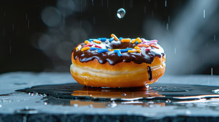 A vibrant chocolate coated donut sits on a wet surface, with colorful sprinkles and water droplets cascading down, creating an appetizing scene.の素材