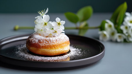 A beautifully styled donut topped with a light dusting of powdered sugar and adorned with delicate flowers, ideal for dessert lovers and food photography.の素材