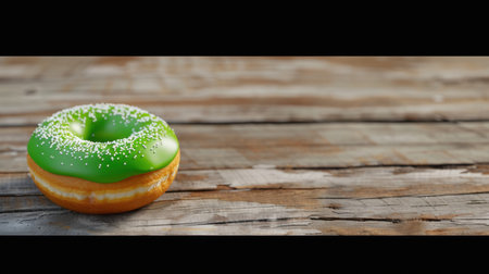 A vibrant green glazed doughnut topped with sprinkles rests on a rustic wooden table, perfect for food photography and dessert inspiration.の素材