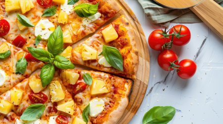 A mouthwatering pizza topped with fresh pineapple, cherry tomatoes, and basil leaves sits on a wooden board, inviting you to enjoy a delicious meal.の素材