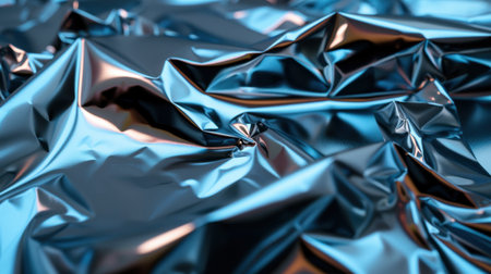This close-up image captures the intricate details of a shimmering blue foil texture, featuring a crinkled surface that reflects light beautifully. Ideal for creative projects.の素材