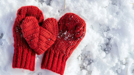 Two cozy red mittens are arranged in a heart shape on a snowy surface, capturing the essence of warmth and love amidst the chilly winter landscape.の素材