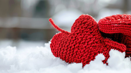 A pair of cozy red knitted mittens rests gently on a soft layer of fresh snow, capturing the essence of winter charm and warmth in nature's beauty.の素材