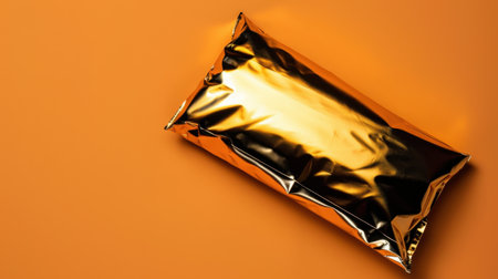 This image showcases a shiny gold package resting on a vibrant orange background, perfect for branding presentations and modern marketing visuals.の素材