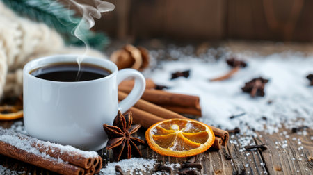 A beautifully arranged coffee scene featuring a steaming cup, aromatic spices, and dried orange slices on a rustic wooden table, perfect for winter coziness.の素材
