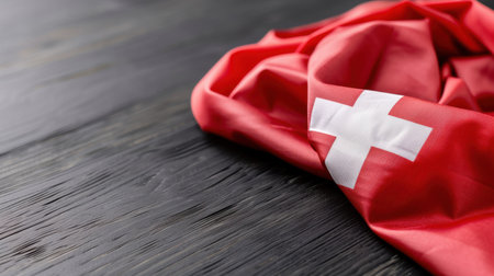 A vibrant Swiss flag rests gently on a textured wooden surface, beautifully showcasing its rich colors and iconic emblem, symbolizing national pride and heritage.の素材