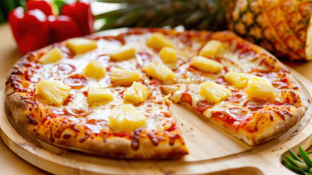 A mouthwatering pizza featuring golden pineapple and savory ham slices, perfectly baked on a crispy crust, ideal for sharing during gatherings.の素材