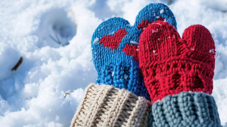 This image features vibrant knitted mittens resting in soft snow, showcasing heart patterns. The colorful accessories add warmth and playfulness to a cold winter day.の素材