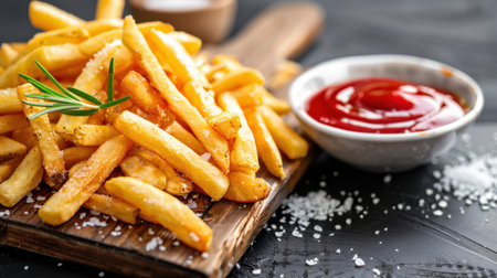 A mouthwatering platter of crispy golden french fries garnished with fresh rosemary, served alongside a small bowl of ketchup. Ideal comfort snack.の素材