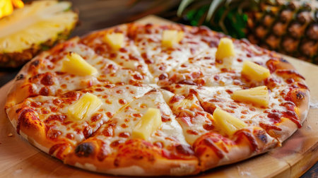 A mouthwatering view of a freshly baked pizza topped with juicy pineapple slices, beautifully presented on a wooden table surrounded by tropical fruits.の素材