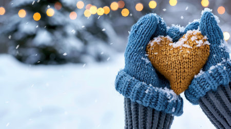Two hands in knitted gloves cradle a warm heart-shaped object amidst falling snow, radiating cozy feelings and holiday cheer in a serene winter scene.の素材