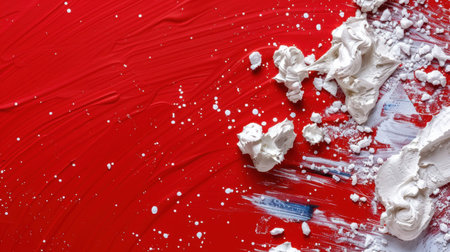 This image showcases a vibrant red background with dynamic white paint textures, offering a unique artistic perspective perfect for creative projects.の素材
