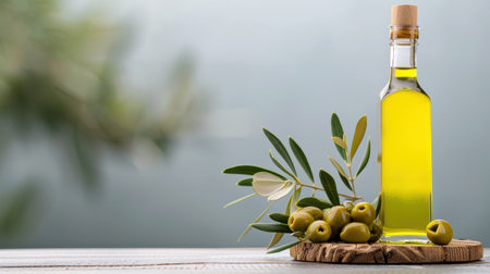 This image features an elegant bottle of olive oil beside fresh olives and a charming olive branch, capturing a rustic and healthy kitchen aesthetic.の素材