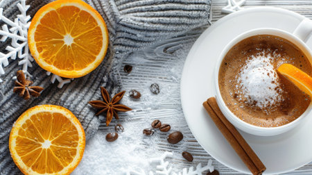 A delightful warm cup of coffee with an orange slice and spices on a textured blanket, enhancing the cozy winter atmosphere with elegant details.の素材