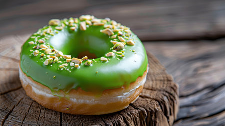 This image features a tasty green glazed donut adorned with crunchy pistachio nuts, beautifully placed on a rustic wooden surface, perfect for food photography.の素材