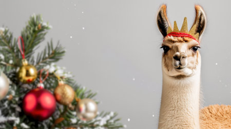 This whimsical image features a charming llama adorned with a golden crown, celebrating the Christmas season beside a beautifully decorated tree.の素材