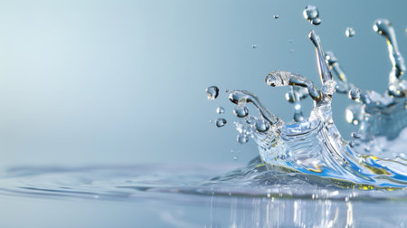 A beautiful image showcasing a dynamic water splash with crystal clear droplets against a soft blue background, perfect for artistic nature-themed projects.の素材