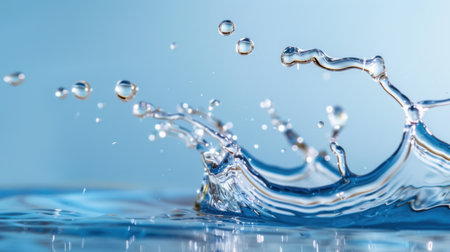 Captivating close-up image of water droplets splashing on a calm surface, showcasing the beauty of nature with a serene and fresh atmosphere.の素材