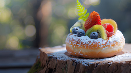 A beautifully decorated doughnut topped with an assortment of fresh fruits, including strawberries, blueberries, and kiwi, sits on a wooden surface.の素材