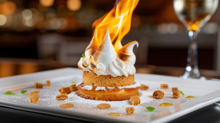 A stunning flamed dessert with a creamy topping, elegantly garnished, perfect for a gourmet dining experience that showcases culinary art.の素材