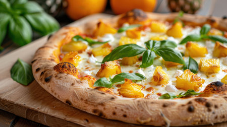 A mouthwatering pizza topped with juicy pineapple and fresh basil, set on a rustic wooden table. Perfect for food lovers and culinary enthusiasts.の素材