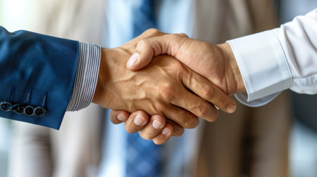 Two professionals engage in a firm handshake, representing a successful business agreement and collaboration in a modern corporate environment.の素材