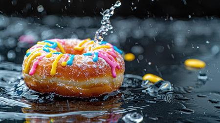 A vibrant donut with colorful sprinkles splashes into water, creating a dynamic scene that captures the essence of indulgence and delight. Perfect for food lovers.の素材