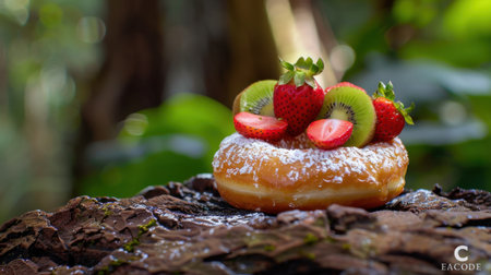 A beautifully presented freshly baked doughnut adorned with vibrant strawberries and kiwi slices, resting on a rustic wooden surface amidst a natural backdrop.の素材