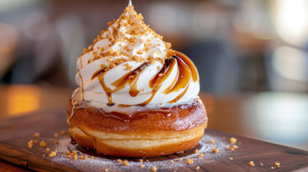 A delectable dessert featuring a fluffy pastry topped with creamy whipped cream and rich caramel drizzle, perfect for food lovers and dessert enthusiasts.の素材