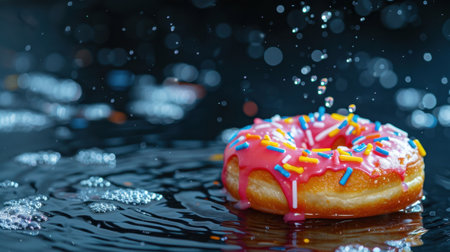 A vibrant donut with pink icing and colorful sprinkles floats in rippling water, creating a playful and appetizing scene perfect for dessert lovers.の素材