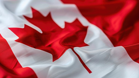 A vibrant close-up of the Canadian flag waving gently, showcasing the iconic maple leaf design with rich textures and colors of red and white.の素材