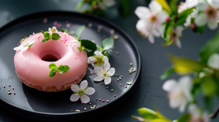 A visually appealing pink glazed donut adorned with fresh edible flowers and leaves, elegantly presented on a dark plate against a backdrop of blossoms.の素材
