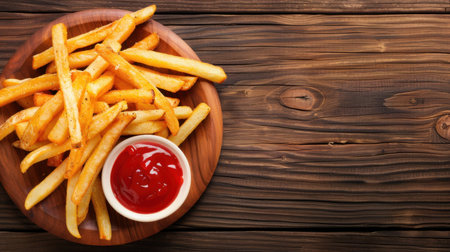 A mouthwatering plate of crispy golden French fries served on a rustic wooden plate accompanied by a small bowl of rich ketchup. Perfect for any meal or snack!の素材