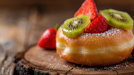 A deliciously glazed donut topped with vibrant strawberries and kiwi slices, beautifully presented on a rustic wooden surface, perfect for tempting dessert lovers.の素材