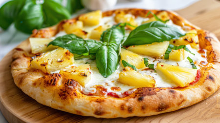A beautifully presented Hawaiian pizza featuring melted cheese, sweet pineapple chunks, and fresh basil on a rustic wooden board, perfect for food lovers.の素材