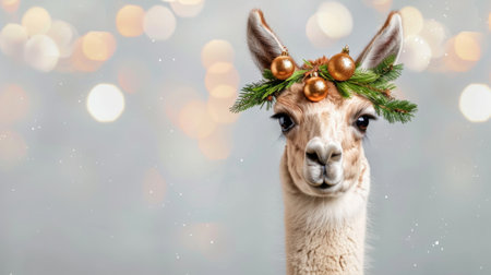 A charming llama adorned with a decorative garland and shiny ornaments brings a playful touch to the winter season, set against a soft bokeh backdrop filled with snowflakes.の素材