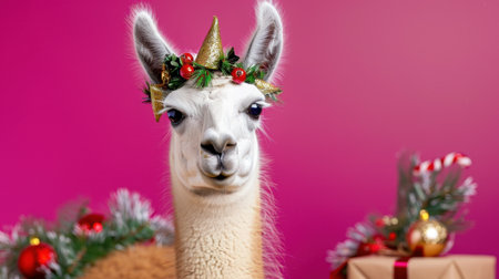 A cheerful llama adorned with a festive crown stands against a bright pink background, surrounded by holiday decorations and gifts, capturing the joy of celebration.の素材