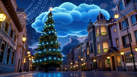 A vibrant festive street scene showcases a majestic Christmas tree adorned with sparkling lights, set against a backdrop of colorful clouds and elegant architecture.の素材