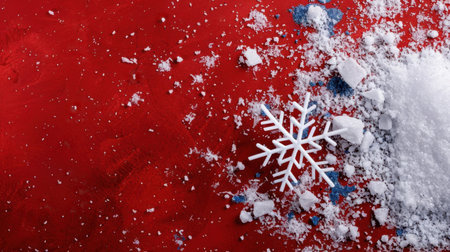 Explore the beauty of winter with this striking image featuring a white snowflake and snow scattered on a vibrant red background, perfect for seasonal themes.の素材