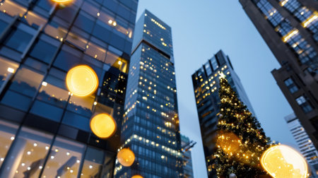 A captivating urban Christmas scene showcasing a beautifully decorated tree surrounded by modern skyscrapers under a twilight sky, with enchanting bokeh lights illuminating the environment.の素材
