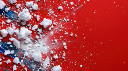 An artistic arrangement featuring a bright red surface disrupted by a scattering of white powder and colorful brush strokes, showcasing chaotic creativity.の素材