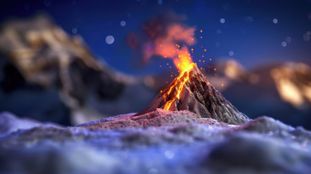This captivating image showcases a volcanic eruption at night, with glowing lava streams and fiery explosions set against a snowy mountain backdrop, emphasizing the beauty and power of nature.の素材