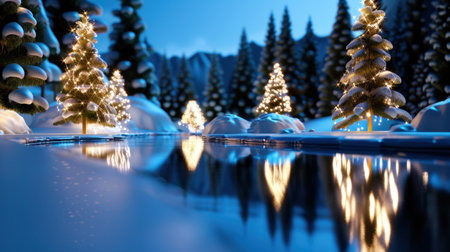 This charming winter landscape showcases illuminated Christmas trees beside a tranquil water surface, offering a serene and magical atmosphere perfect for seasonal themes.の素材