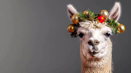 This charming portrait features a festive alpaca adorned with a holiday crown made of ornaments and greenery. Perfect for capturing the spirit of celebration!の素材
