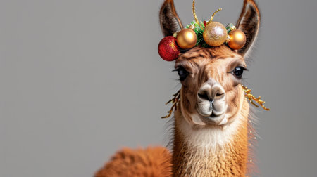 This charming image captures a festive llama adorned with colorful ornaments and sparkling accessories, embodying holiday cheer against a simple backdrop.の素材
