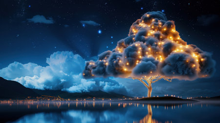 A captivating night landscape featuring a surreal tree made of illuminated clouds, reflected in still water. Stars twinkle in the background, creating a magical atmosphere filled with tranquility and beauty.の素材